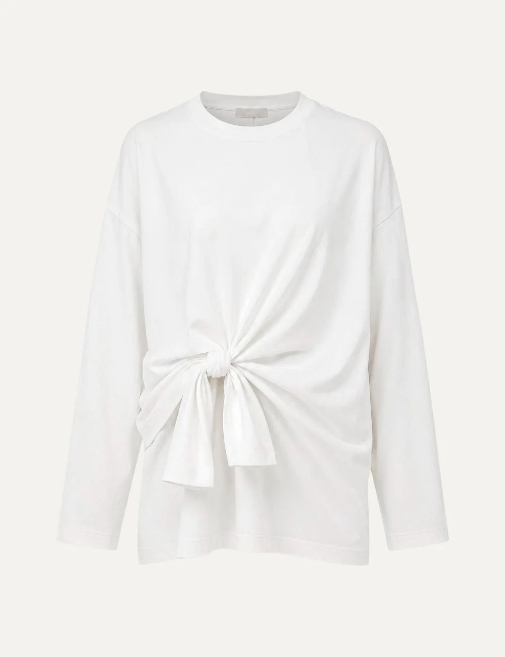 Women's Eleh white long-sleeve top with crew neck, dropped shoulders, front knot detail and draped waist.