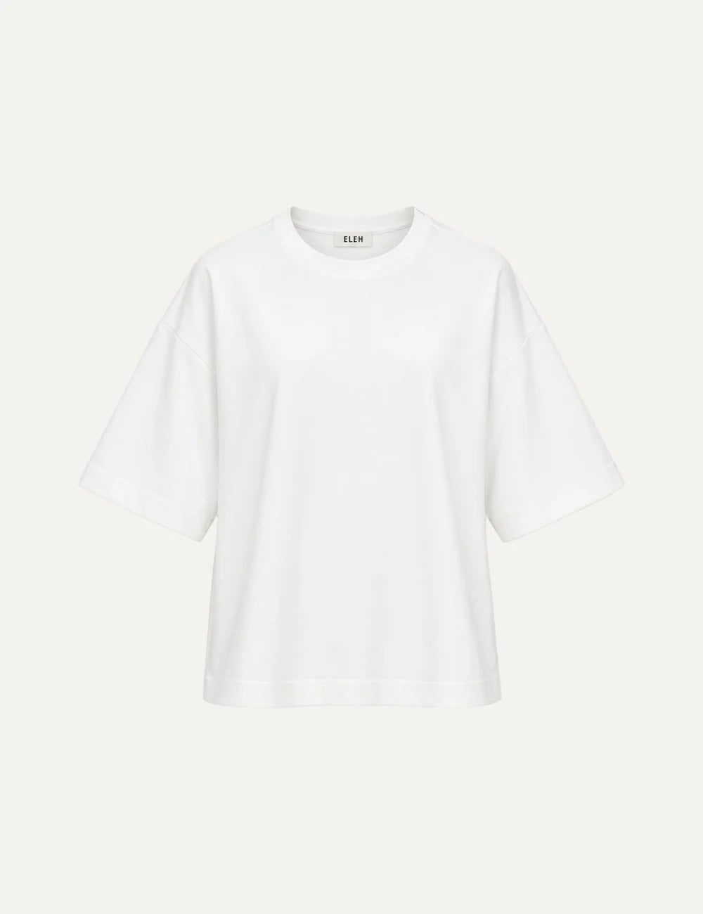 Women's Eleh white oversized T-shirt with crew neck, wide short sleeves, dropped shoulders and inverted back pleat.