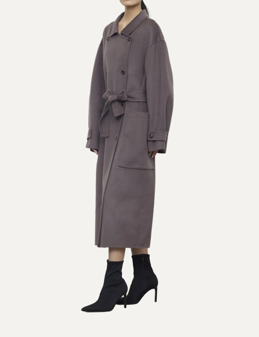 Women's grey brown oversized long double-breasted coat with shirt collar, matching waist belt and large patch pockets full body