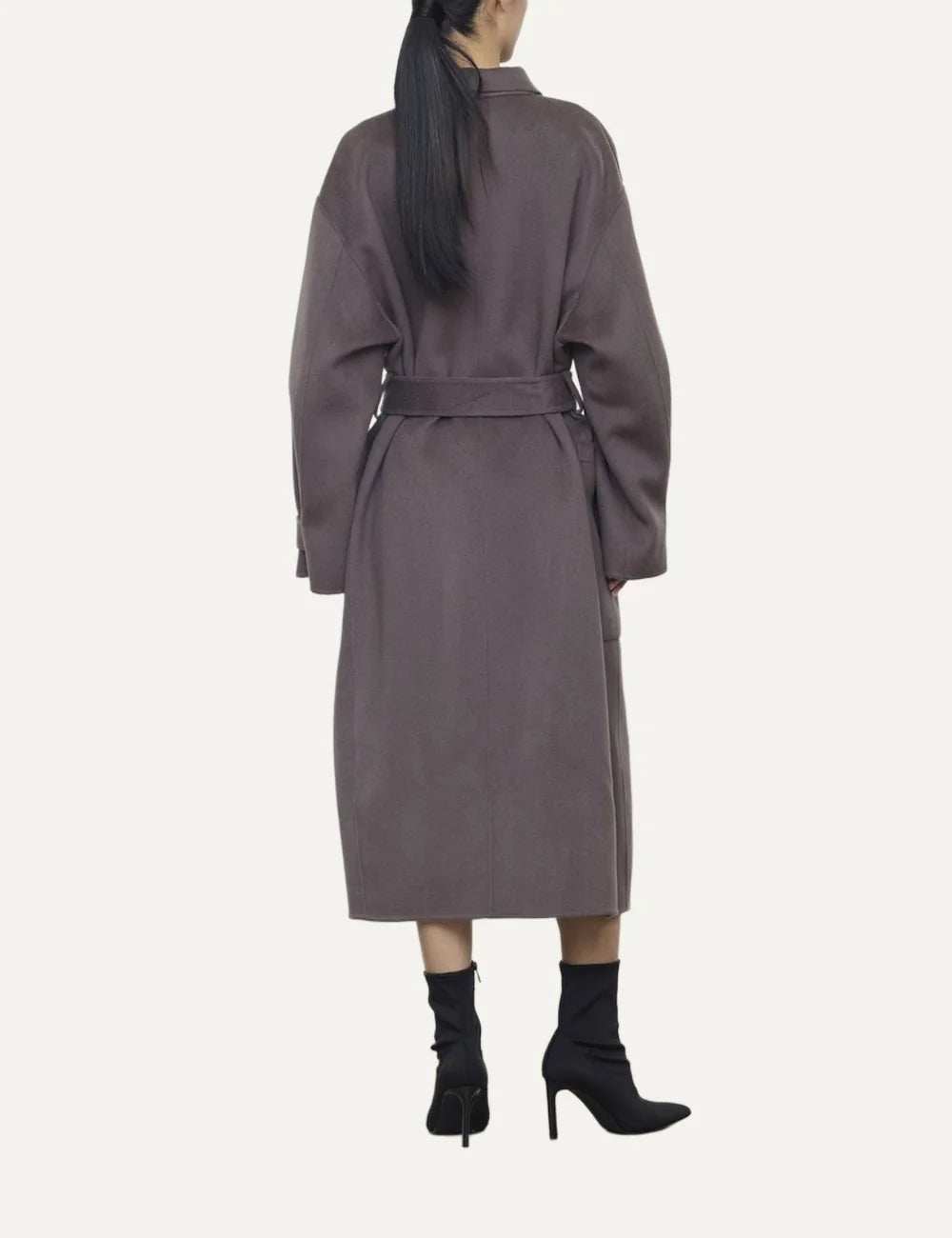 Women's grey brown oversized long double-breasted coat with shirt collar, matching waist belt and large patch pockets back