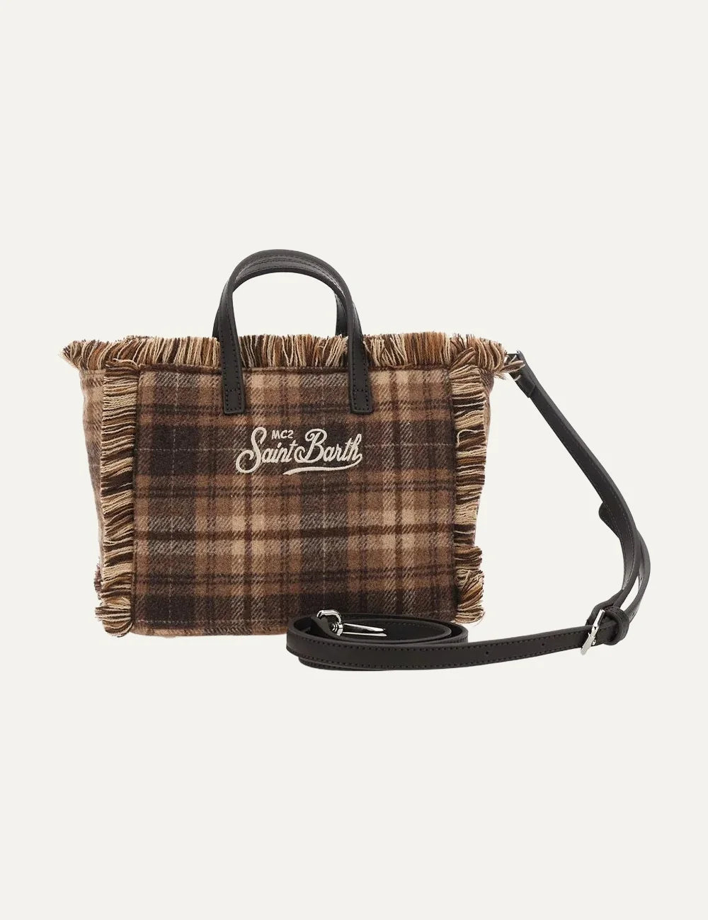 Women's MC2 Saint Barth beige and brown tartan mini bag with fringed edges, front logo, top handles and detachable shoulder strapback view