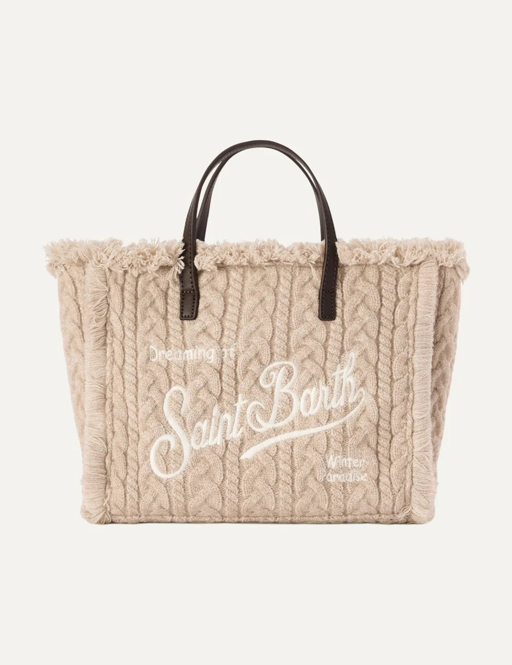 Women's MC2 Saint Barth beige Colette bag in wool-blend cable knit with fringed edges, embroidered logo, short handles and removable shoulder strap front view