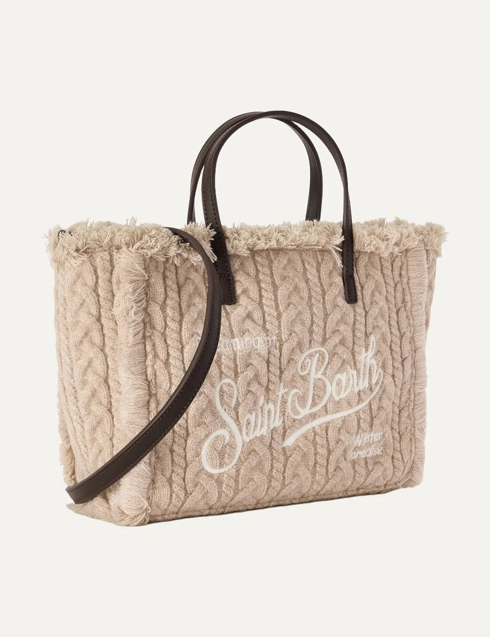 Women's MC2 Saint Barth beige Colette bag in wool-blend cable knit with fringed edges, embroidered logo, short handles and removable shoulder strap side view