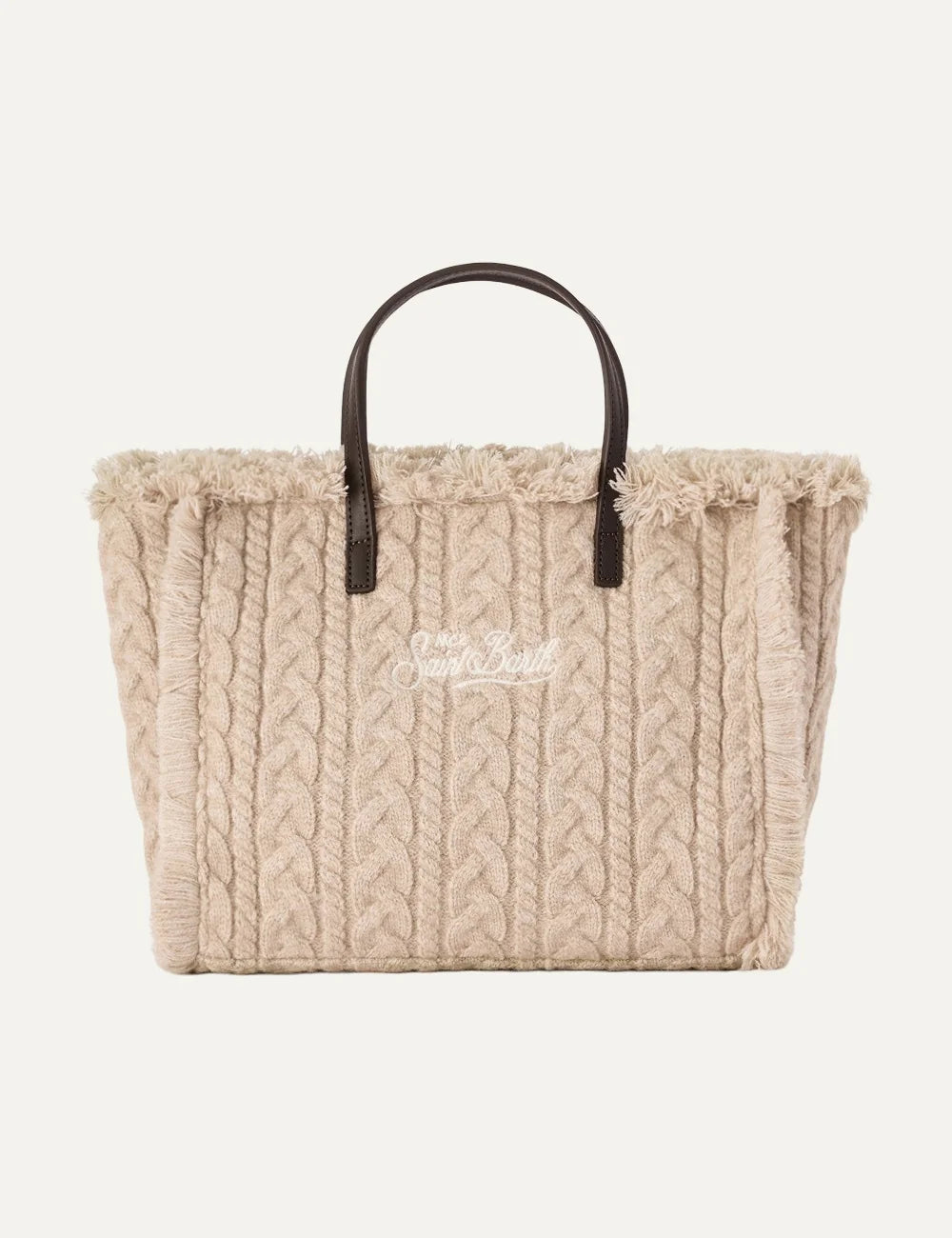 Women's MC2 Saint Barth beige Colette bag in wool-blend cable knit with fringed edges, embroidered logo, short handles and removable shoulder strap back view