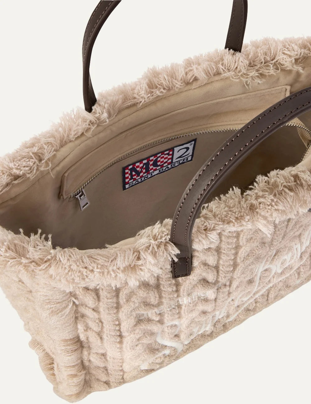 Women's MC2 Saint Barth beige Colette bag in wool-blend cable knit with fringed edges, embroidered logo, short handles and removable shoulder strap inside details