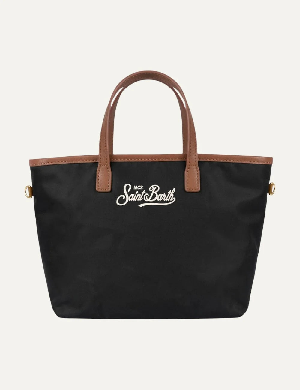 Women's MC2 Saint Barth black nylon mini tote bag with brown handles and embroidered front logofront view