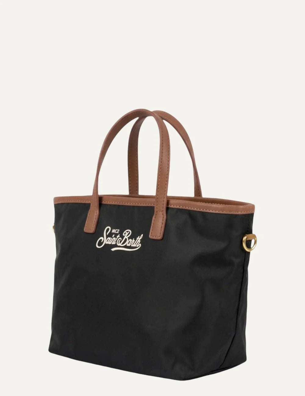 Women's MC2 Saint Barth black nylon mini tote bag with brown handles and embroidered front logoside view