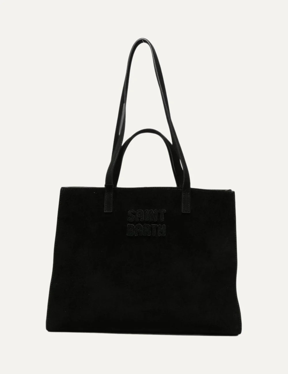 Women's MC2 Saint Barth black suede tote bag with embroidered front logo and dual handles front view