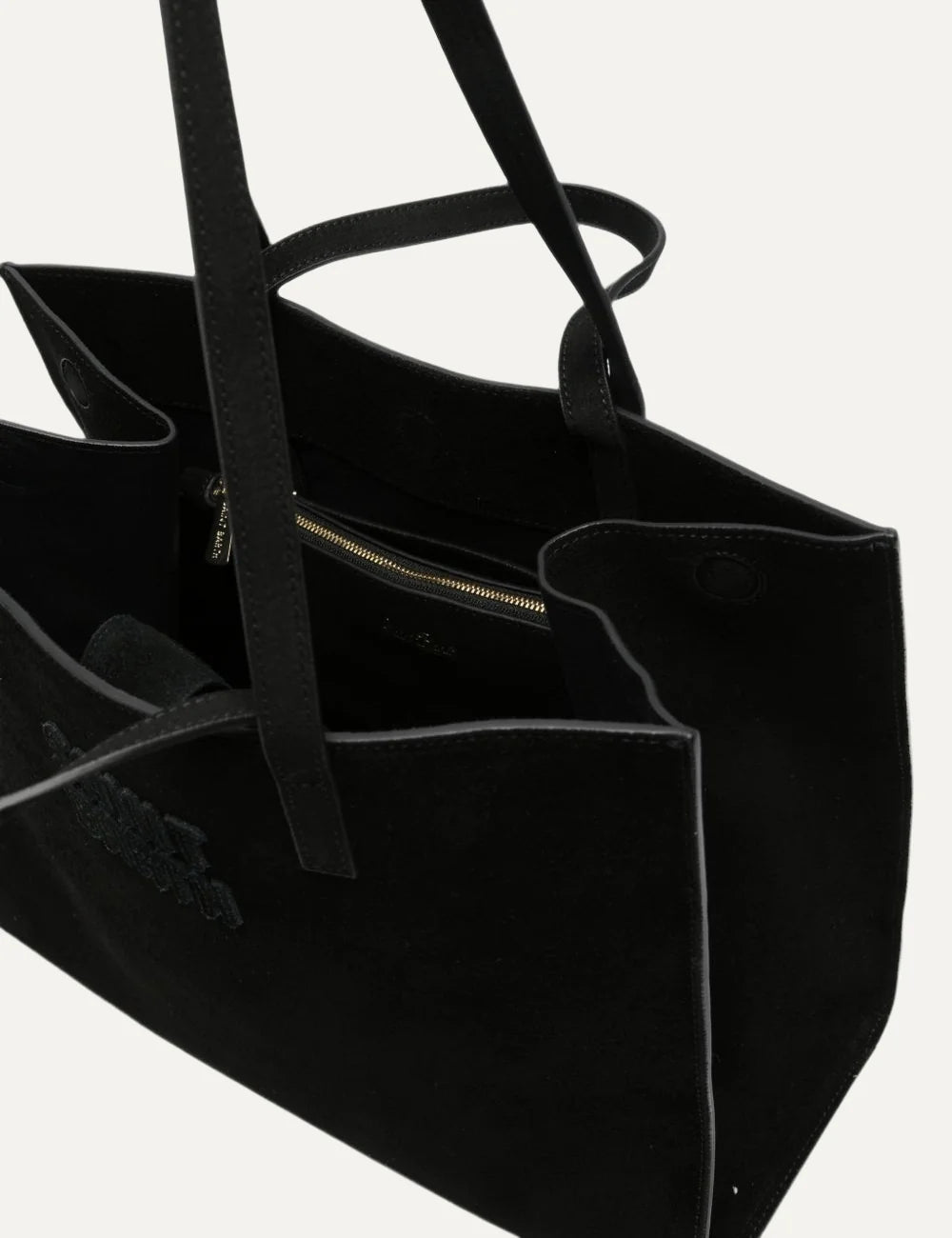 Women's MC2 Saint Barth black suede tote bag with embroidered front logo and dual handlesinterior view