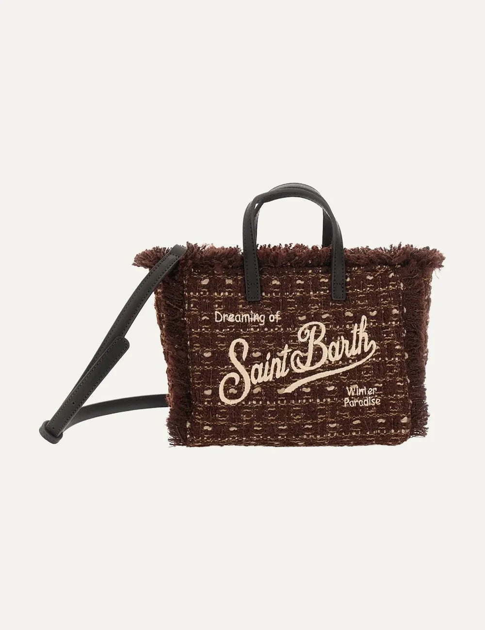 Women's MC2 Saint Barth brown tweed mini bag with fringed edges, front logo, top handles and detachable shoulder strap front view