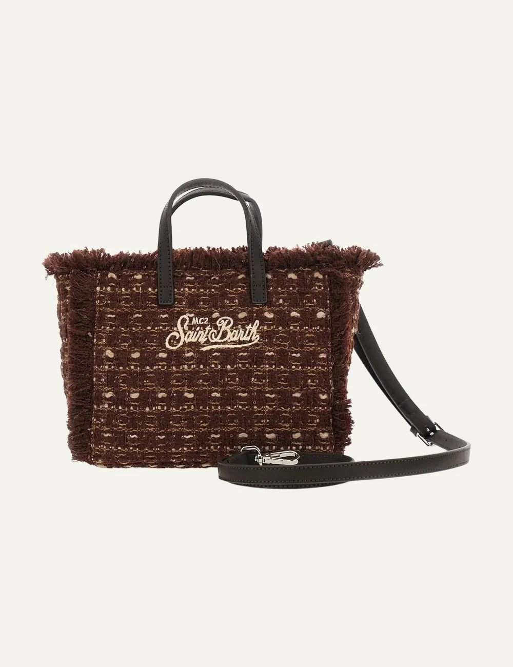 Women's MC2 Saint Barth brown tweed mini bag with fringed edges, front logo, top handles and detachable shoulder strap back view