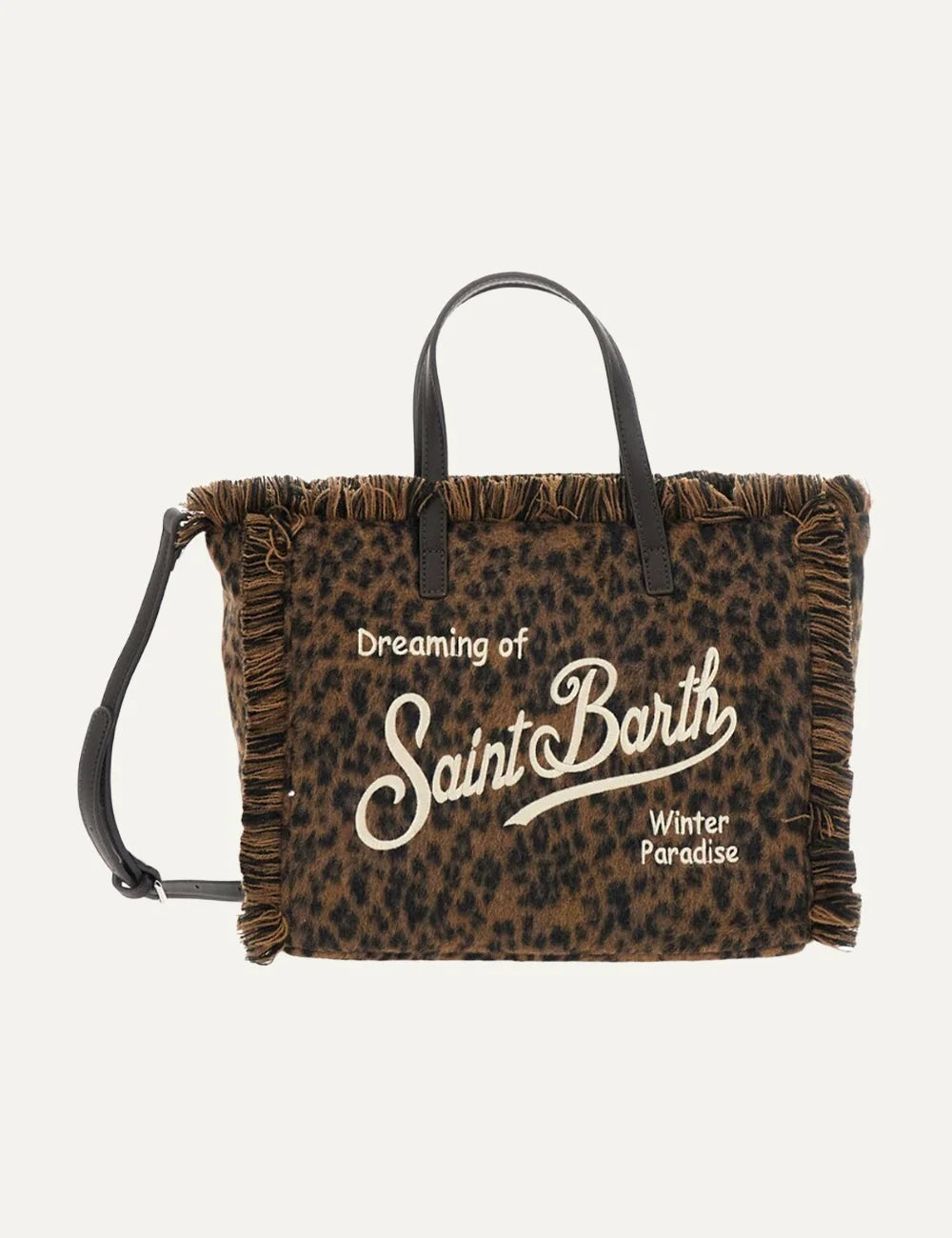 Women's MC2 Saint Barth Colette brown leopard print bag with fringed edges, embroidered logo, top handles and removable shoulder strap front view