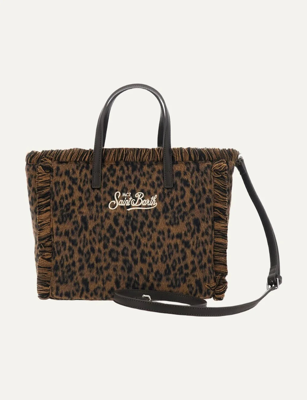 Women's MC2 Saint Barth Colette brown leopard print bag with fringed edges, embroidered logo, top handles and removable shoulder strapback view