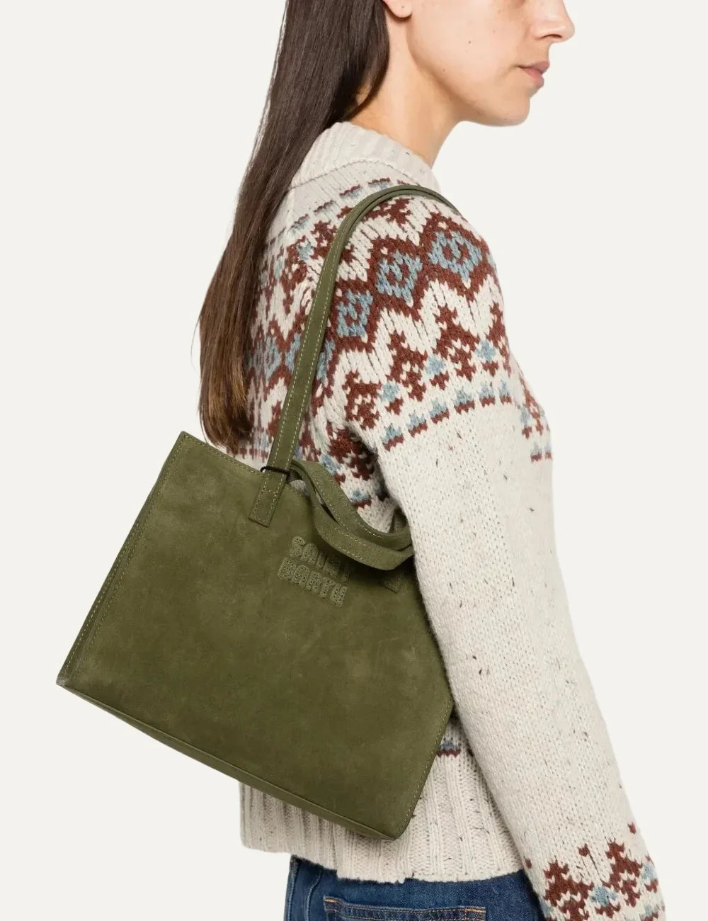 Women's MC2 Saint Barth khaki green leather tote bag with embroidered front logo and dual handleson model