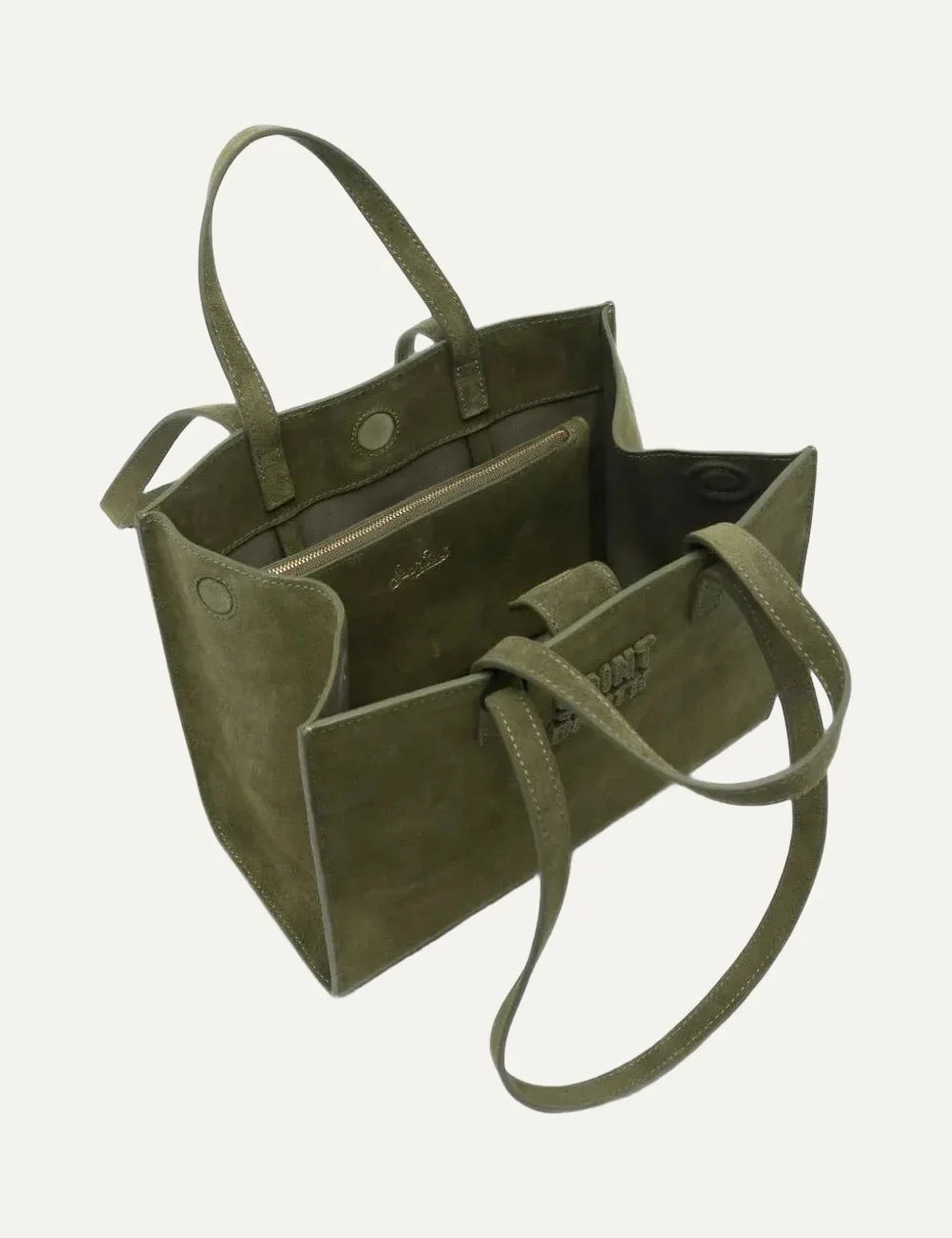 Women's MC2 Saint Barth khaki green leather tote bag with embroidered front logo and dual handles interior view