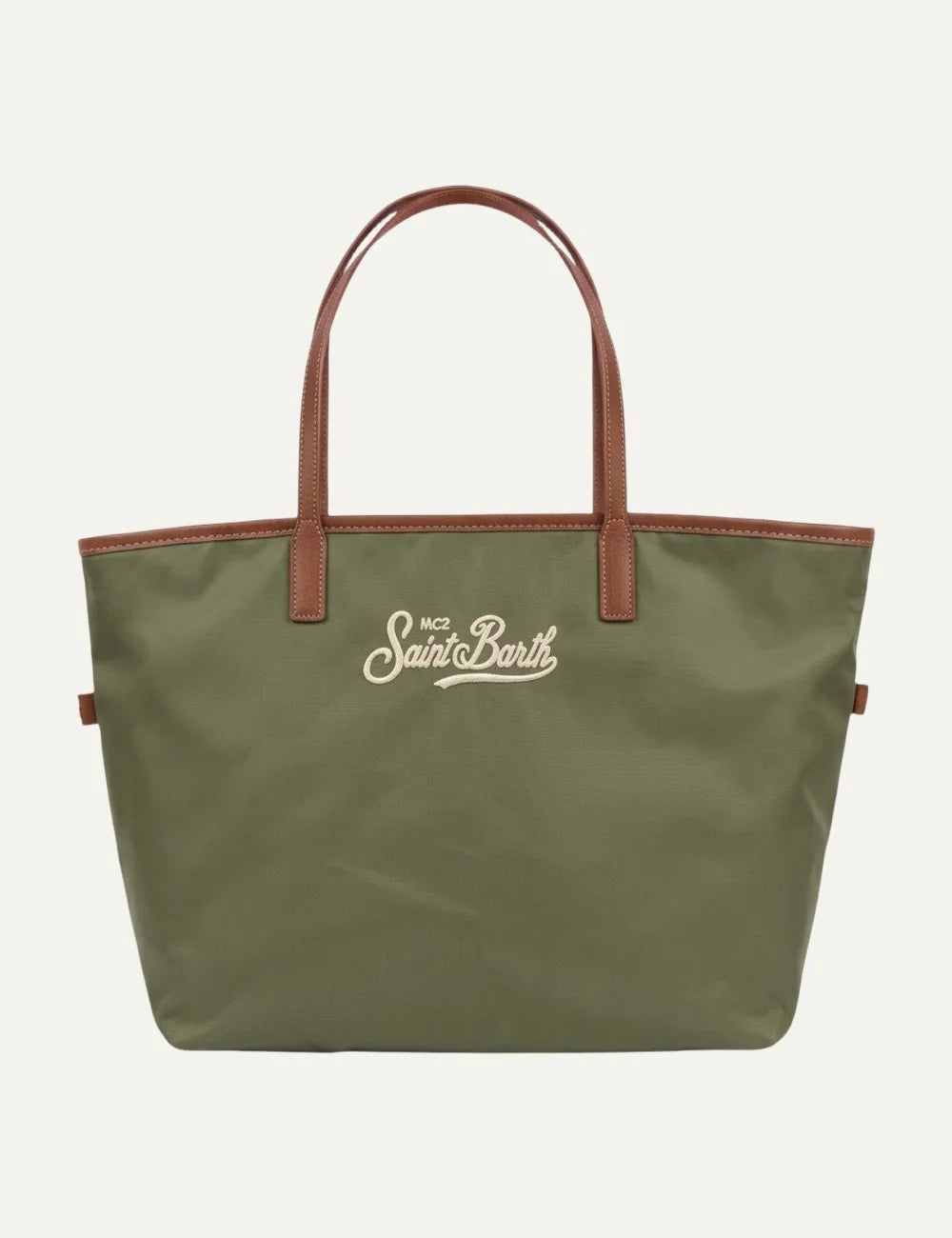 Women's MC2 Saint Barth khaki green nylon tote bag with brown handles and embroidered front logo front view