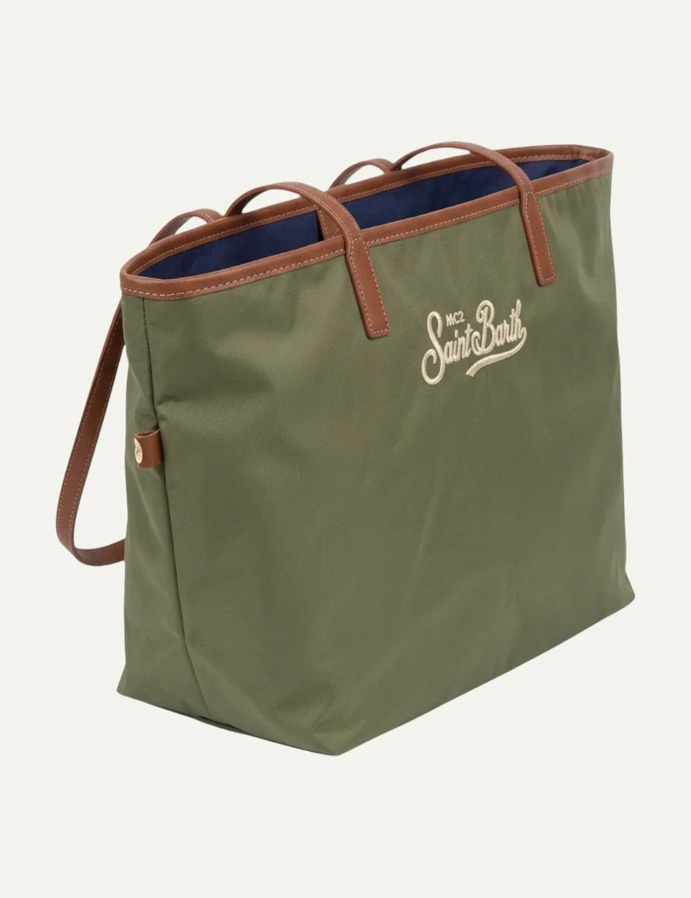 Women's MC2 Saint Barth khaki green nylon tote bag with brown handles and embroidered front logo side view