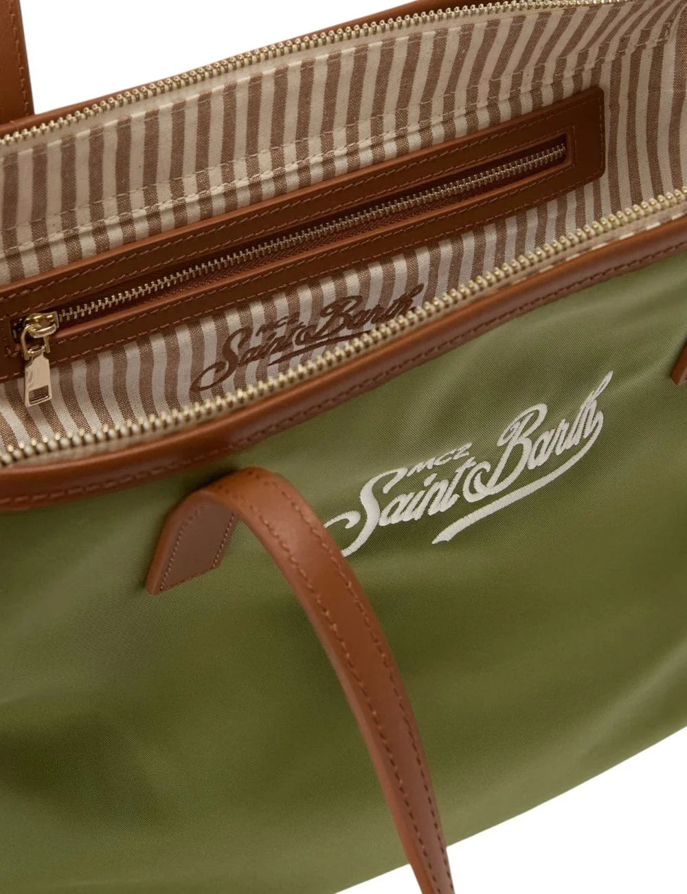 Women's MC2 Saint Barth khaki green nylon tote bag with brown handles and embroidered front logo interior view