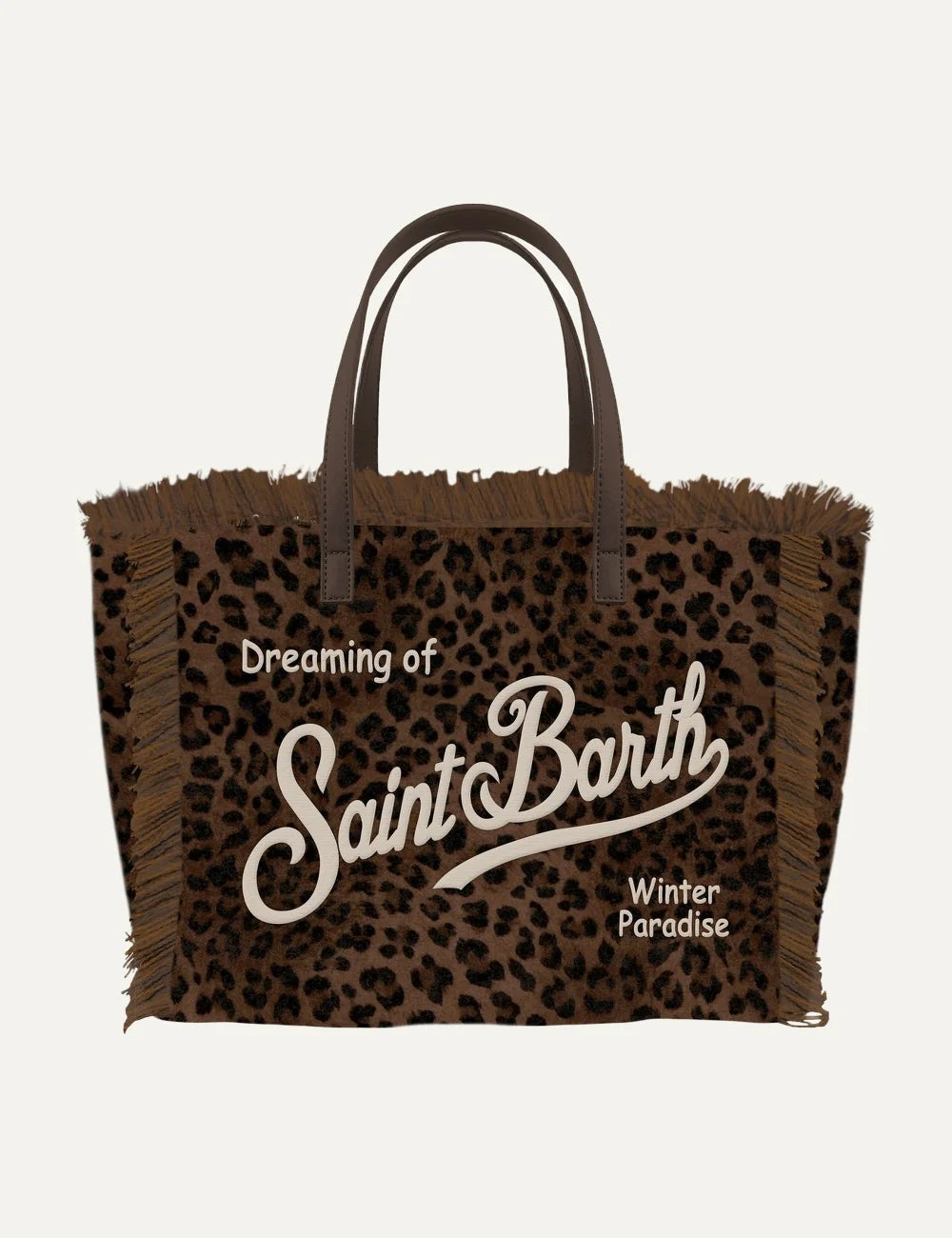 Women's MC2 Saint Barth Vanity Mini brown felt tote bag with black leopard print, fringed edges and front logo front view