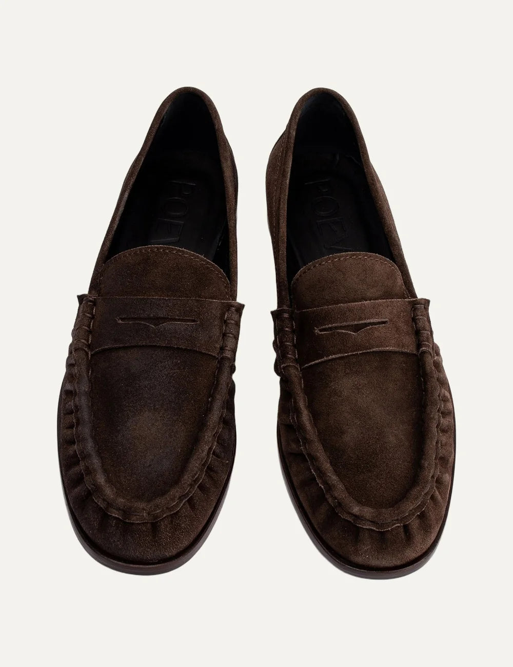 Women's Milla dark brown suede penny loafers with almond toe, ruched front apron, hand-stitched detailing and low heel top