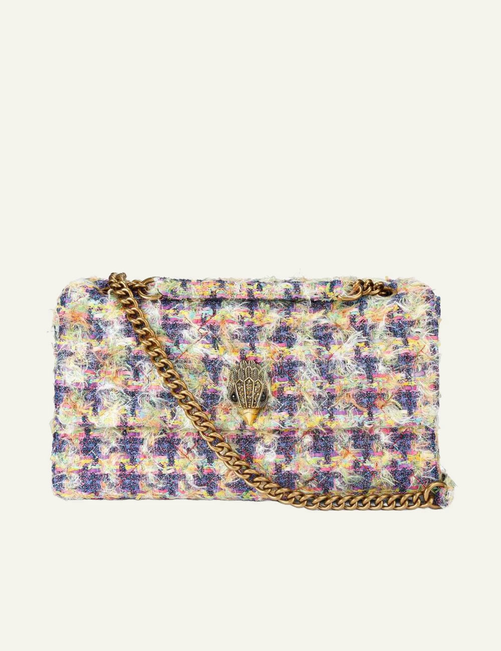 Kurt Geiger Kensington XXL front view with gold chain and flap closure