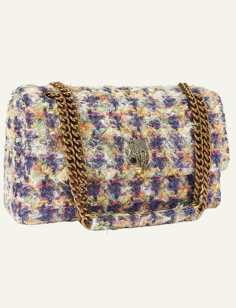 Kurt Geiger Kensington XXL tweed bag side view with gold chain strap