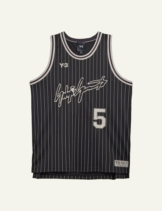 Y-3 basketball jersey black pinstripe number 5 sleeveless front flat view