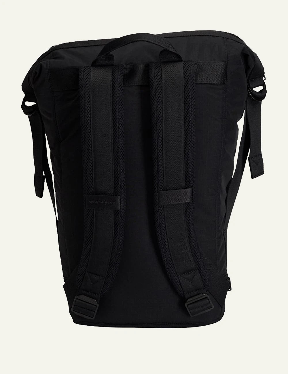 Y-3 black bucket backpack with flap pocket back view