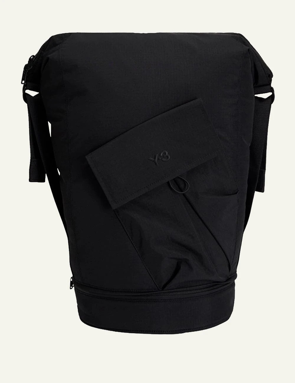 Y-3 black bucket backpack with flap pocket front view