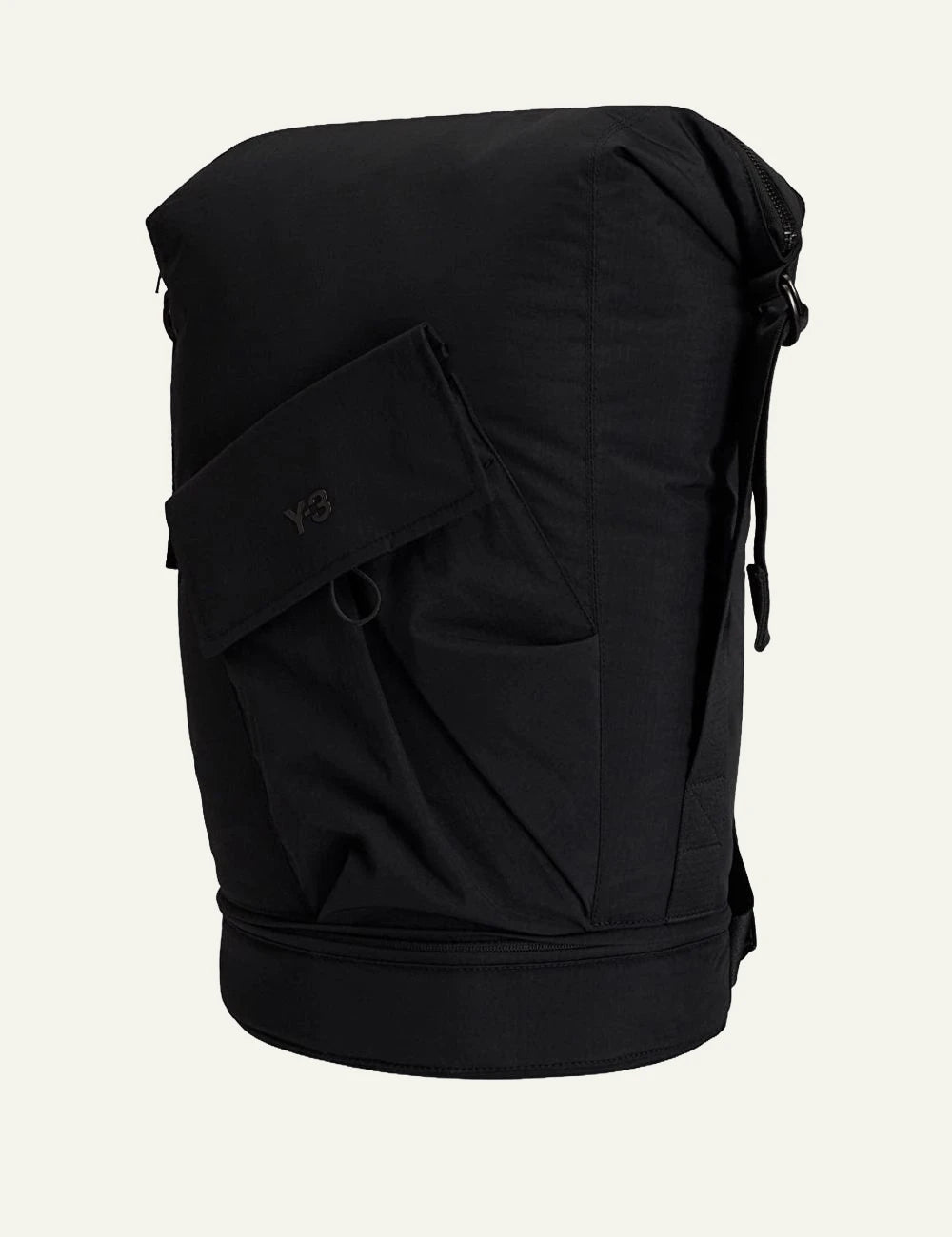 Y-3 black bucket backpack with flap pocket side view