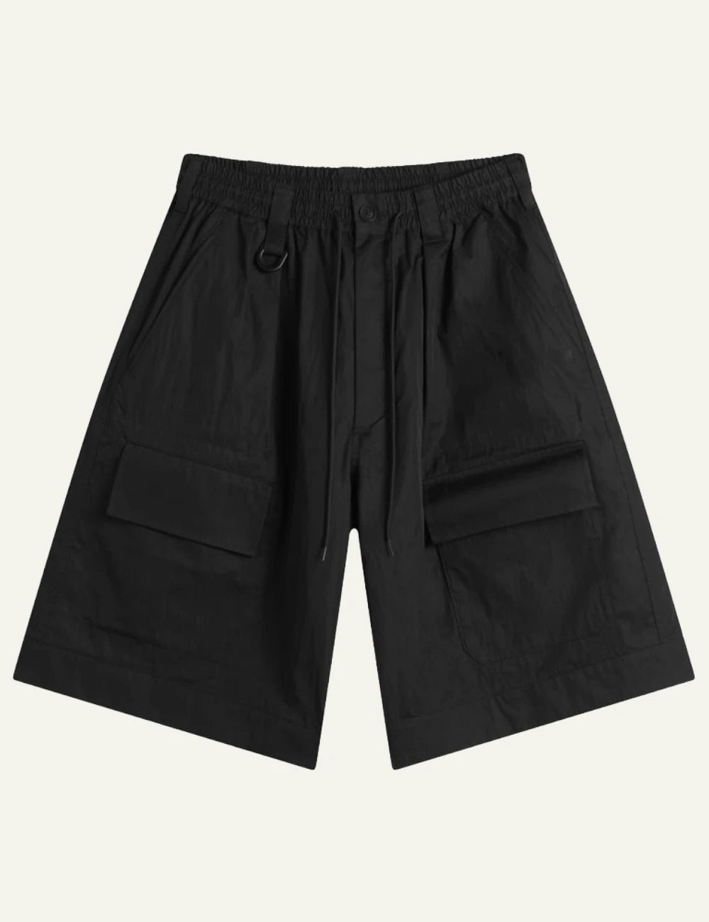 Y-3 black cargo shorts lightweight tech fabric front flat view