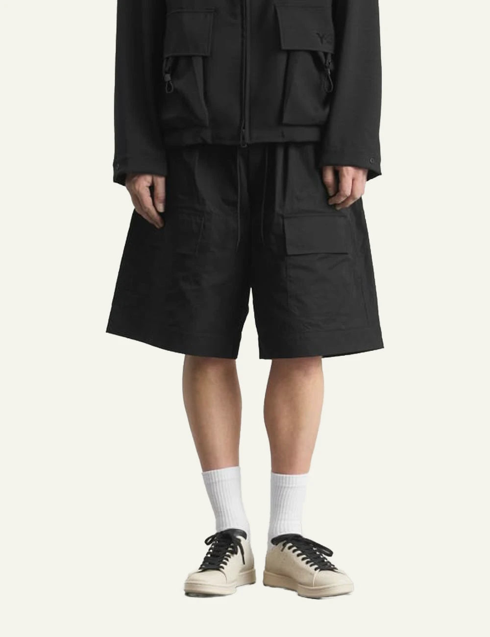 Y-3 black cargo shorts lightweight tech fabric front model view