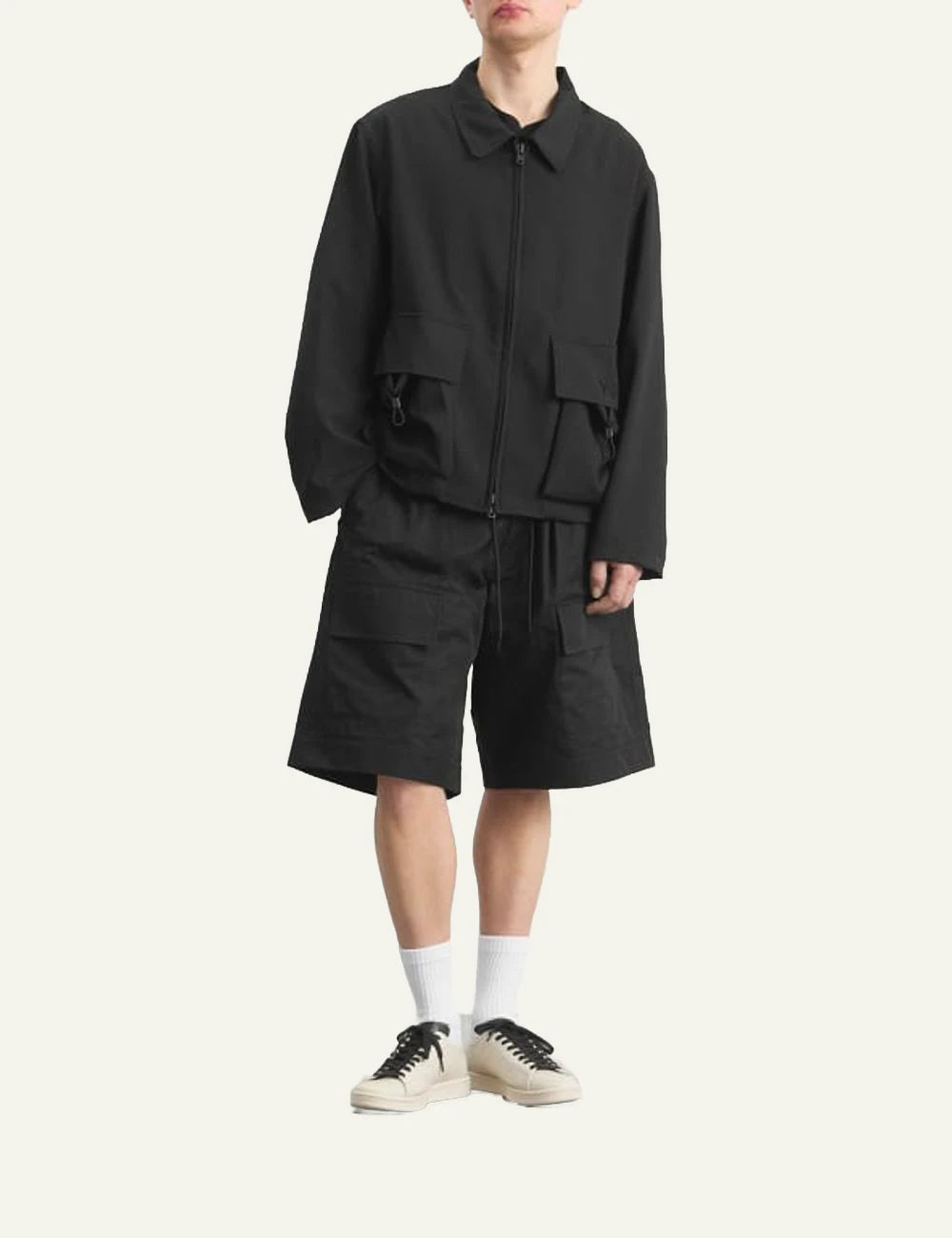 Y-3 black cargo shorts lightweight tech fabric front full body view