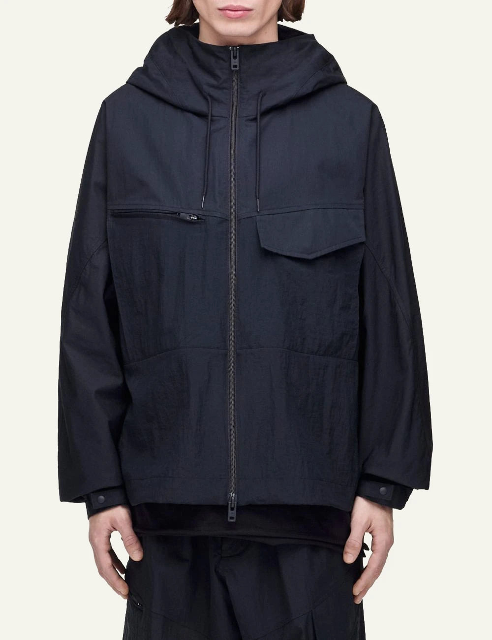 Y-3 black field jacket hooded zip front model view