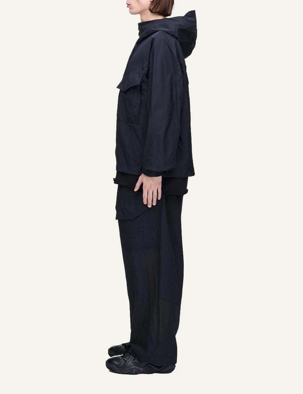 Y-3 black field jacket hooded zip side view