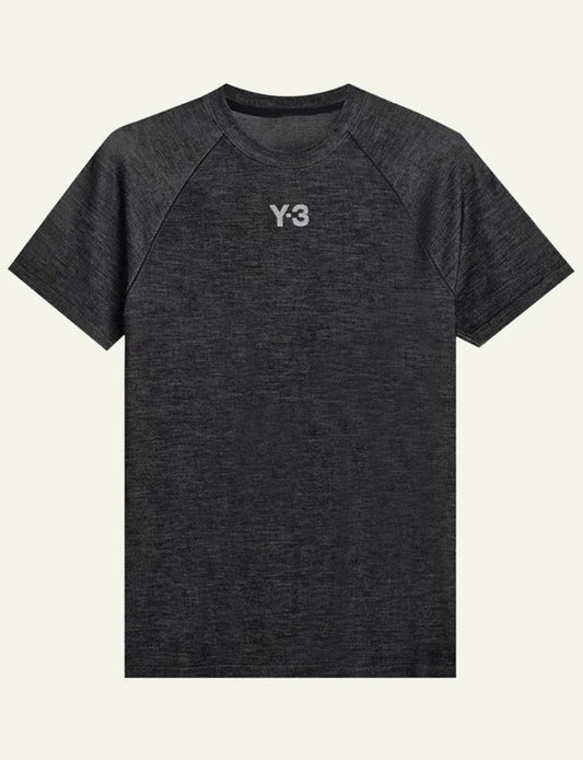 Y-3 black melange t-shirt logo front flat view