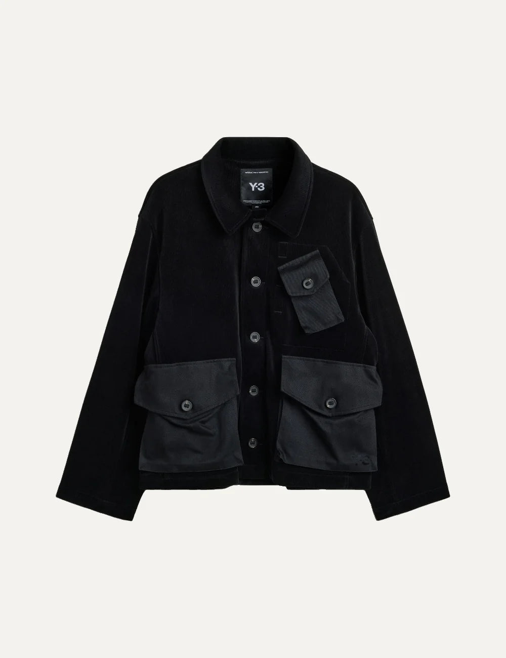 Unisex Y-3 black oversized corduroy utility blouson with button closure, multiple flap pockets, shirt collar and heat-transfer Y-3 logo