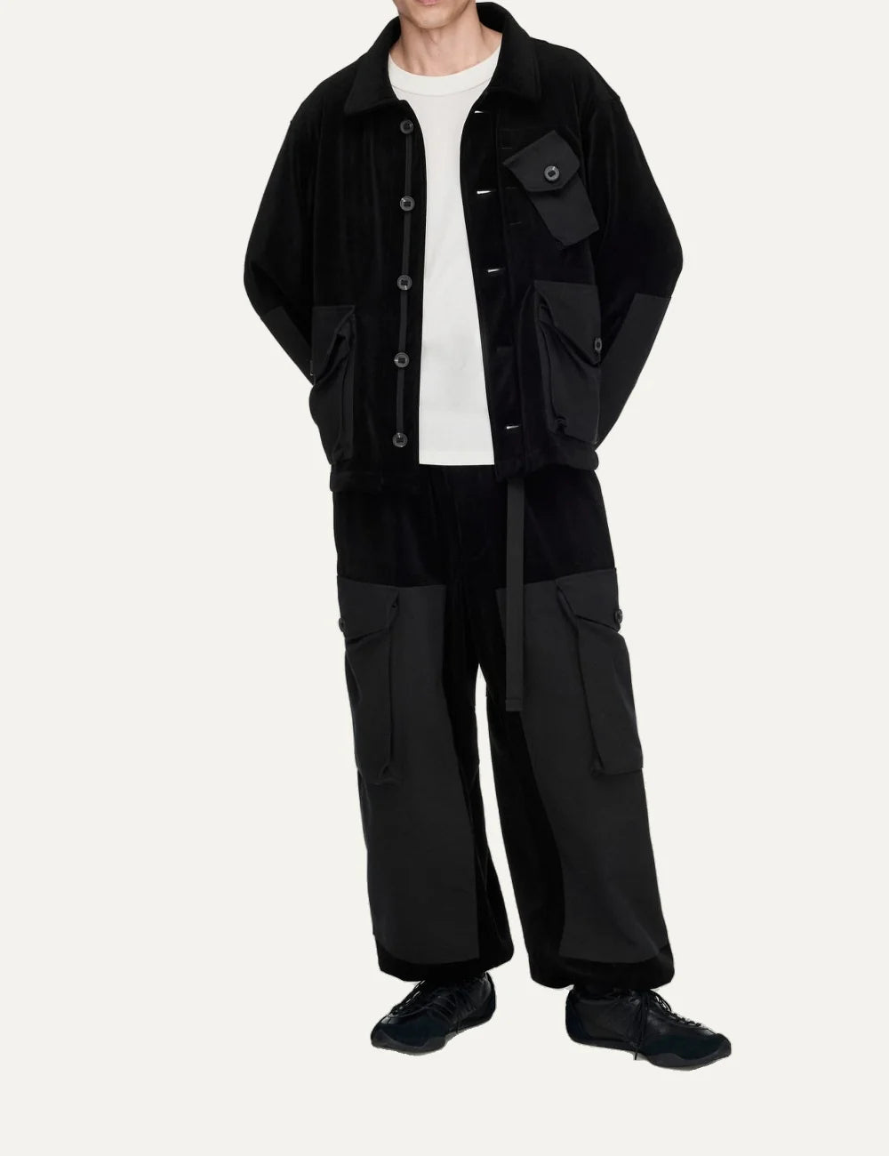 Unisex Y-3 black oversized corduroy utility blouson with button closure, multiple flap pockets, shirt collar and heat-transfer Y-3 logo full body