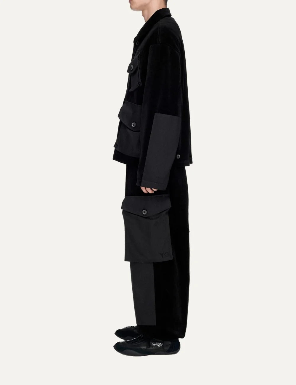 Unisex Y-3 black oversized corduroy utility blouson with button closure, multiple flap pockets, shirt collar and heat-transfer Y-3 logo side