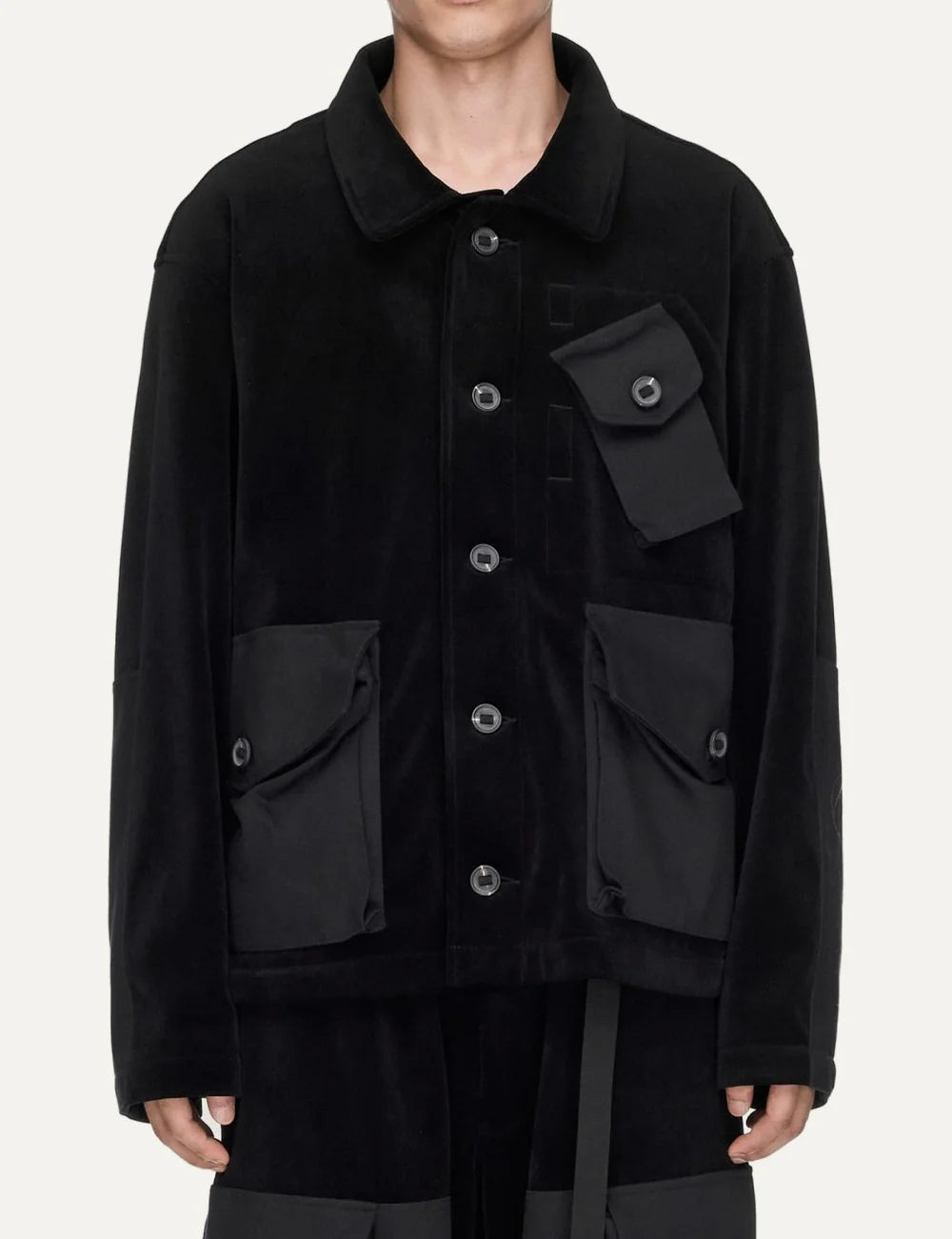 Unisex Y-3 black oversized corduroy utility blouson with button closure, multiple flap pockets, shirt collar and heat-transfer Y-3 logo model