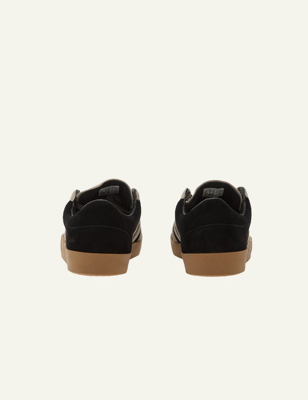 Y-3 black suede sneakers with beige stripes gum sole back view