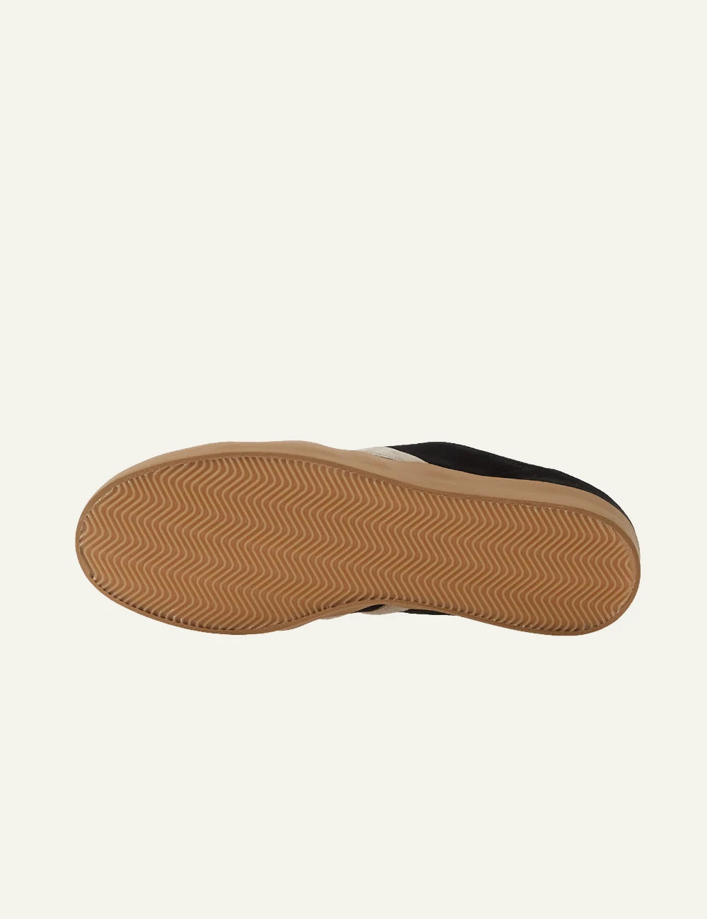 Y-3 black suede sneakers with beige stripes gum sole view