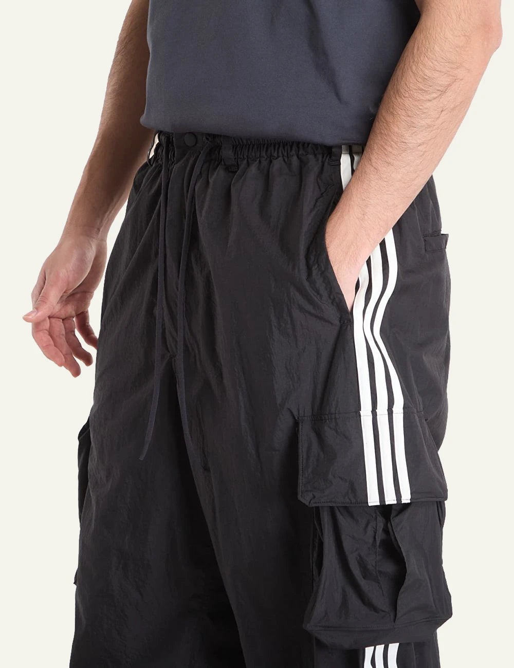 Y-3 black wide cargo pants drawstring waist side view