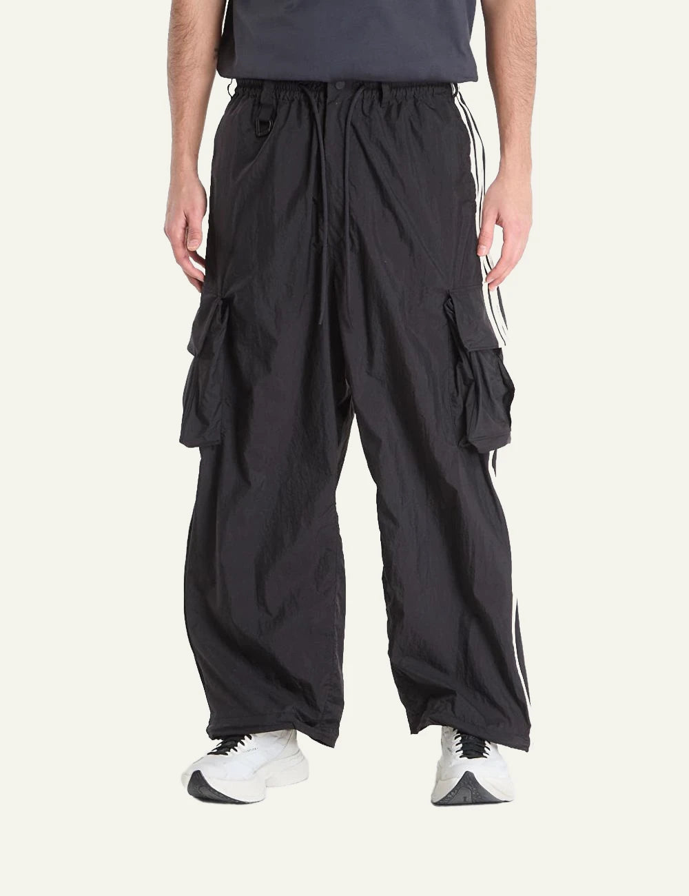 Y-3 black wide cargo pants drawstring waist front view