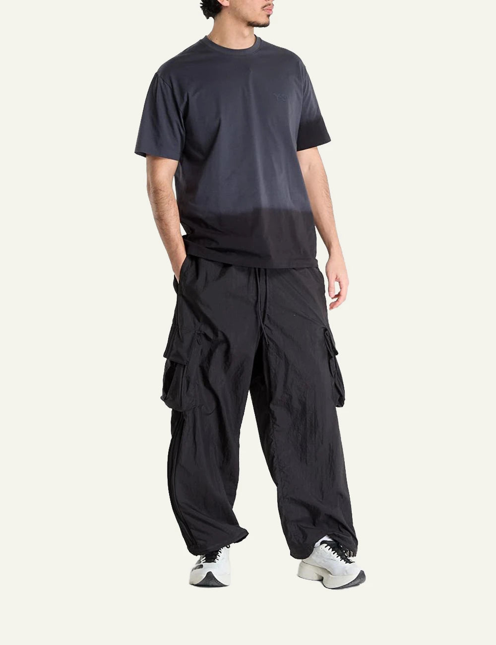 Y-3 black wide cargo pants drawstring waist front model view