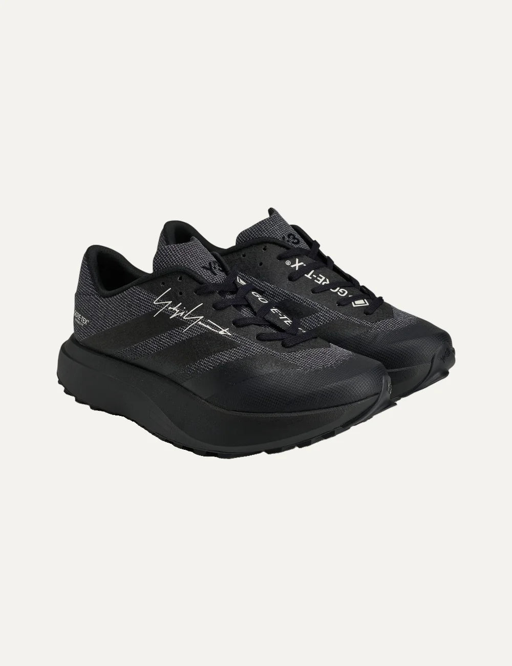 Unisex Y-3 EVO SL ATR GTX black sneakers with textile and synthetic upper, GORE-TEX Invisible Fit, LightstrikePro cushioning, rubber outsole and Yohji Yamamoto signature angled