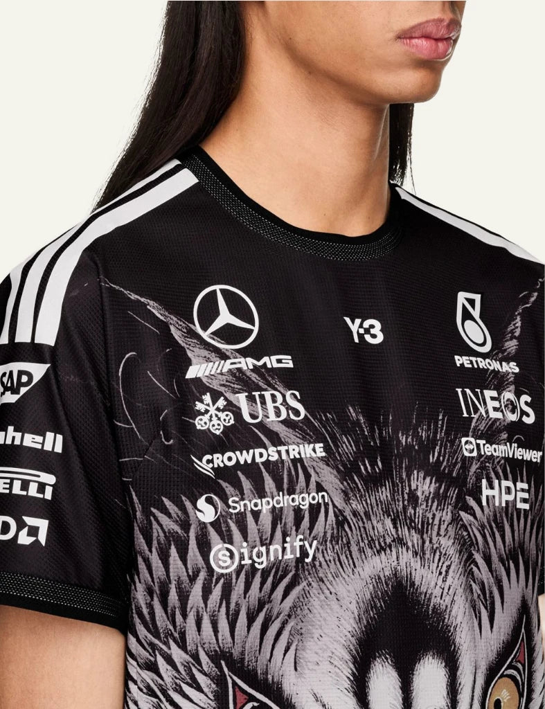 Y-3 Mercedes AMG Petronas jersey wolf graphic black close view