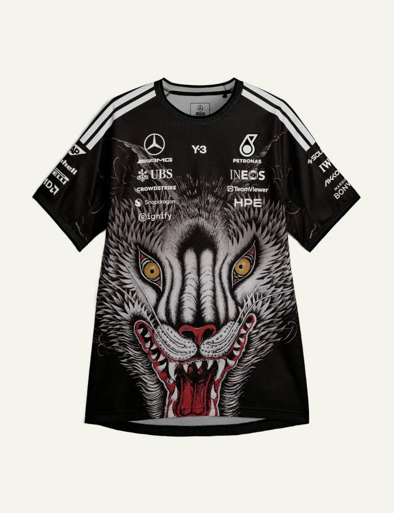 Y-3 Mercedes AMG Petronas jersey wolf graphic black front flat view