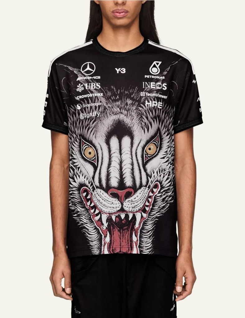 Y-3 Mercedes AMG Petronas jersey wolf graphic black front model view