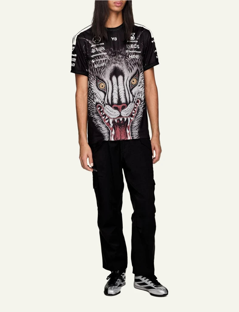 Y-3 Mercedes AMG Petronas jersey wolf graphic black full body view
